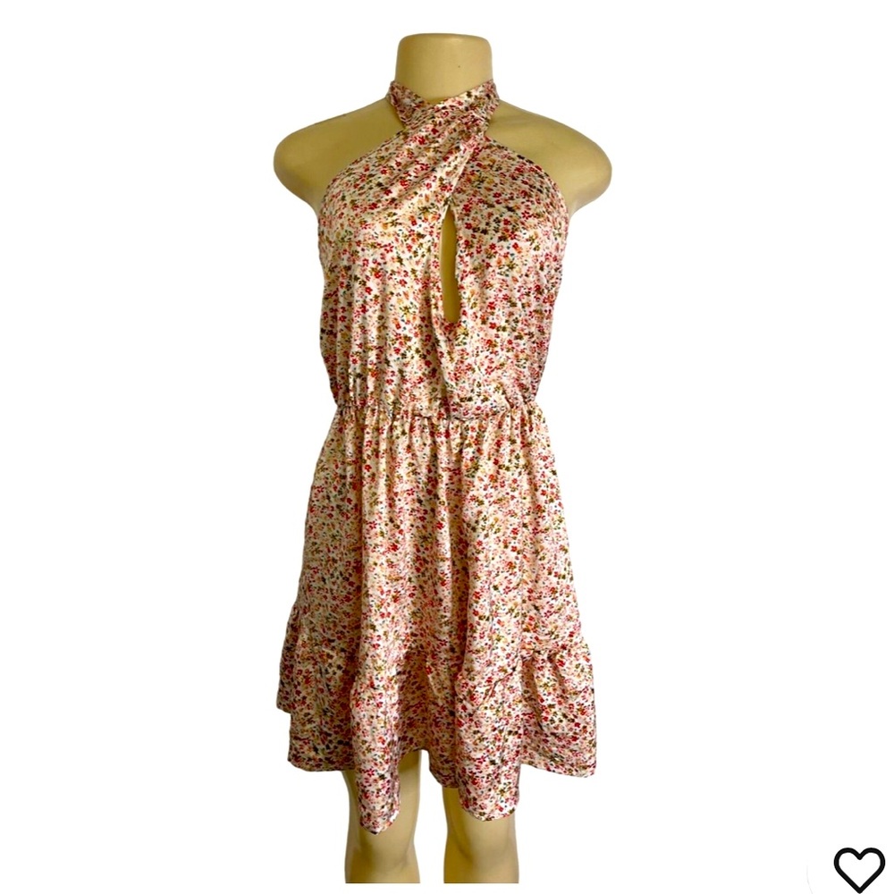 Made w Love halter sundress floral orangey cream green brown tie behind neck